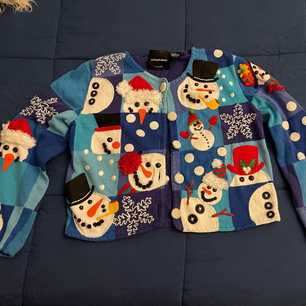 Michael Simon Blue Patchwork Snowman Sweater